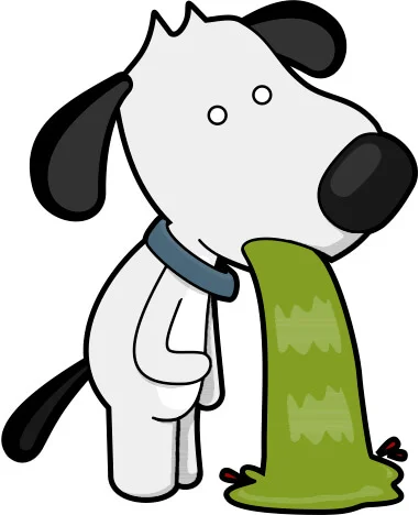 cartoon dog getting sick from a chicken or beef allergy