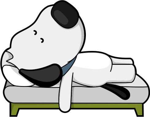 a cartoon dog lying in bed