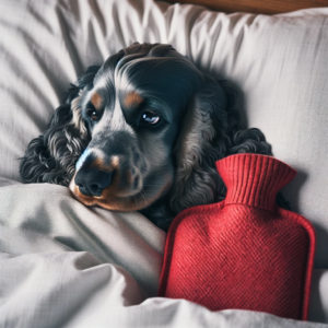 DALL·E 2023 11 03 16.17.50 Photo of a blue roan Cocker Spaniel tucked in bed under a white duvet looking cozy with a red hot water bottle resting on its head eyes gently close