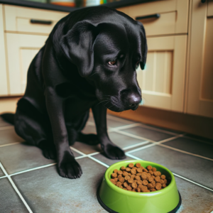 DALL·E 2023 11 03 16.21.26 Photo of a black Labrador sitting in front of a green bowl full of kibble on a tiled floor turning its head away with a disinterested and sad express